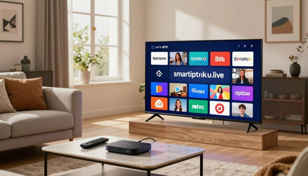 A contemporary living room with a sleek smart TV displaying a diverse array of colorful IPTV channel logos, including "smartiptvuk.live," prominently featured. In the foreground, a stylish coffee table holds a remote control and a streaming device, with a cozy sofa adorned with cushions. The middle ground features a window allowing natural light to stream in, casting soft shadows and creating a warm atmosphere. In the background, modern decor elements like plants and art pieces enhance the space, symbolizing comfort and technology. Use soft, diffused lighting to convey a welcoming mood, with a focus on clarity and detail, captured from a slightly elevated angle to highlight the IPTV content on the TV screen.