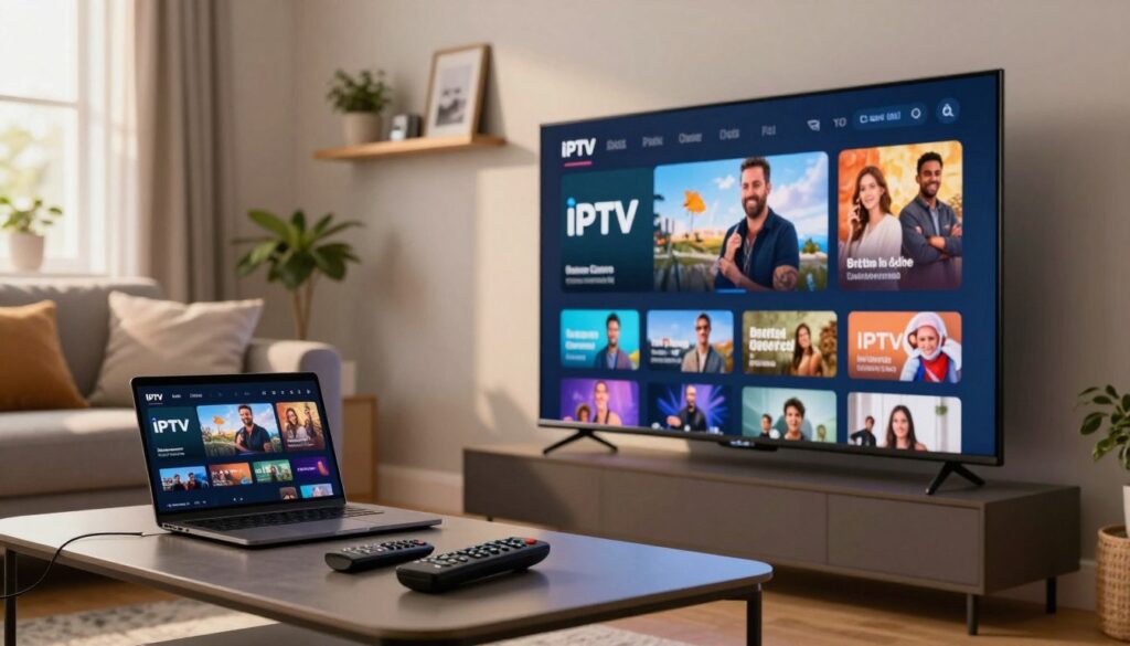 A detailed, close-up scene of a modern living room showcasing a sleek smart TV displaying a vibrant IPTV interface, highlighting popular British channels. In the foreground, a stylish coffee table with remote controls and a laptop displaying IPTV options. The middle ground features a comfortable sofa with cushions, and on the wall, a decorative shelf with framed pictures and plants, enhancing the cozy atmosphere. The background subtly shows a window with natural light streaming in, creating a warm, inviting glow. The mood should be modern and tech-savvy, reflecting the innovation of IPTV services in the UK. The overall composition should be well-lit, emphasizing the clarity of the IPTV interface and the warmth of the living space. A detailed, close-up scene of a modern living room showcasing a sleek smart TV displaying a vibrant IPTV interface, highlighting popular British channels. In the foreground, a stylish coffee table with remote controls and a laptop displaying IPTV options. The middle ground features a comfortable sofa with cushions, and on the wall, a decorative shelf with framed pictures and plants, enhancing the cozy atmosphere. The background subtly shows a window with natural light streaming in, creating a warm, inviting glow. The mood should be modern and tech-savvy, reflecting the innovation of IPTV services in the UK. The overall composition should be well-lit, emphasizing the clarity of the IPTV interface and the warmth of the living space.