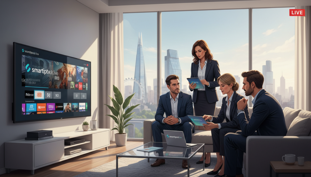 A detailed illustration of the UK IPTV market scene, foreground featuring a sleek, modern living room with a large flat-screen TV displaying vibrant streaming content. In the middle, a diverse group of individuals, dressed in professional attire, are engaged in a discussion about IPTV options, showcasing a laptop and tablet with the logo "smartiptvuk.live" prominently displayed. The background reveals a window with a view of London’s skyline, hinting at the urban environment. Soft, natural lighting filters through, casting a warm glow over the scene, creating an atmosphere of intrigue and professionalism. The angle captures both the technology and the collaborative spirit of the IPTV landscape in the UK, conveying a sense of accessibility and legal exploration within the streaming market. A detailed illustration of the UK IPTV market scene, foreground featuring a sleek, modern living room with a large flat-screen TV displaying vibrant streaming content. In the middle, a diverse group of individuals, dressed in professional attire, are engaged in a discussion about IPTV options, showcasing a laptop and tablet with the logo "smartiptvuk.live" prominently displayed. The background reveals a window with a view of London’s skyline, hinting at the urban environment. Soft, natural lighting filters through, casting a warm glow over the scene, creating an atmosphere of intrigue and professionalism. The angle captures both the technology and the collaborative spirit of the IPTV landscape in the UK, conveying a sense of accessibility and legal exploration within the streaming market.