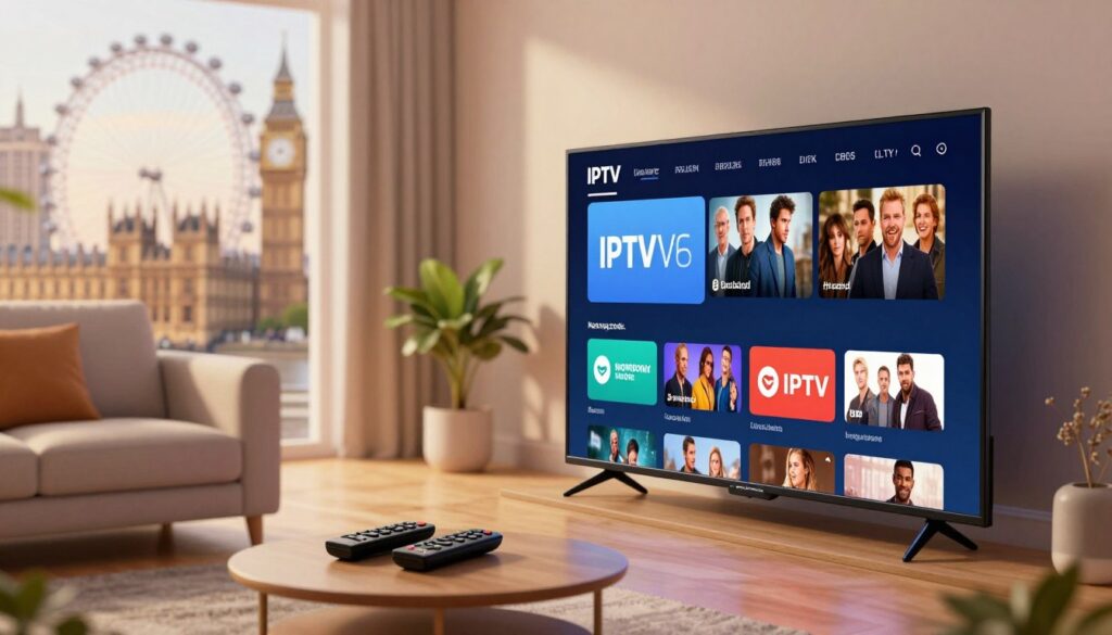 A detailed illustration representing the IPTV landscape in the United Kingdom. In the foreground, a sleek modern TV displaying vibrant streaming options, indicative of IPTV services, such as movies and shows. In the middle ground, a comfortable living room setup featuring a stylish couch, coffee table with remote controls, and a decorative plant, evoking a cozy viewing environment. The background captures iconic UK landmarks like Big Ben or the London Eye softly blurred, hinting at the geographical context. Warm, inviting lighting enhances the atmosphere, creating a sense of relaxation. The scene is shot from a slightly angled perspective, emphasizing depth and inviting viewers into the image's vibrant narrative, while maintaining a professional, polished aesthetic. A detailed illustration representing the IPTV landscape in the United Kingdom. In the foreground, a sleek modern TV displaying vibrant streaming options, indicative of IPTV services, such as movies and shows. In the middle ground, a comfortable living room setup featuring a stylish couch, coffee table with remote controls, and a decorative plant, evoking a cozy viewing environment. The background captures iconic UK landmarks like Big Ben or the London Eye softly blurred, hinting at the geographical context. Warm, inviting lighting enhances the atmosphere, creating a sense of relaxation. The scene is shot from a slightly angled perspective, emphasizing depth and inviting viewers into the image's vibrant narrative, while maintaining a professional, polished aesthetic.