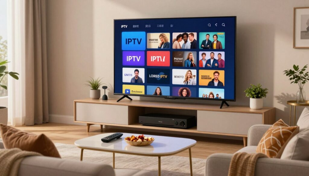 A modern living room setting featuring a large flat-screen TV displaying a vibrant interface of popular streaming services like IPTV, with icons representing various genres. In the foreground, a cozy couch adorned with decorative pillows invites viewers in, while a stylish coffee table holds a remote control and snacks. The middle layer showcases a sleek entertainment unit with neatly arranged multimedia devices and decorative plants. The background reflects a softly lit room with warm lighting creating a relaxing ambiance, and light filtering through curtains, enhancing the inviting atmosphere. Capture the mood of a casual yet sophisticated viewing experience, emphasizing the diversity of content available through IPTV in the United Kingdom. A modern living room setting featuring a large flat-screen TV displaying a vibrant interface of popular streaming services like IPTV, with icons representing various genres. In the foreground, a cozy couch adorned with decorative pillows invites viewers in, while a stylish coffee table holds a remote control and snacks. The middle layer showcases a sleek entertainment unit with neatly arranged multimedia devices and decorative plants. The background reflects a softly lit room with warm lighting creating a relaxing ambiance, and light filtering through curtains, enhancing the inviting atmosphere. Capture the mood of a casual yet sophisticated viewing experience, emphasizing the diversity of content available through IPTV in the United Kingdom.