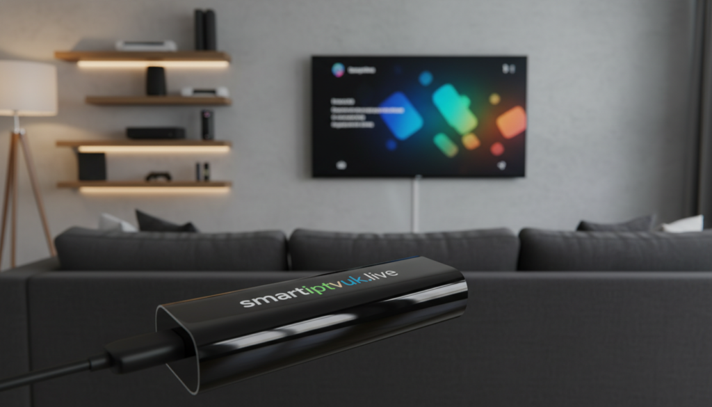 A sleek, black IPTV Firestick prominently displayed in the foreground, showcasing its glossy surface and branding "smartiptvuk.live" clearly visible. The middle ground features a modern, flat-screen television mounted on the wall, with vibrant colors hinting at streaming content being displayed. In the background, a cozy living room setting is illuminated by soft, warm lighting to create an inviting atmosphere, complete with a comfortable sofa and shelves filled with tech gadgets. The camera angle is slightly above eye level, capturing the Firestick from a dynamic perspective. The overall mood is one of modern home entertainment, emphasizing accessibility and streaming technology for UK users.