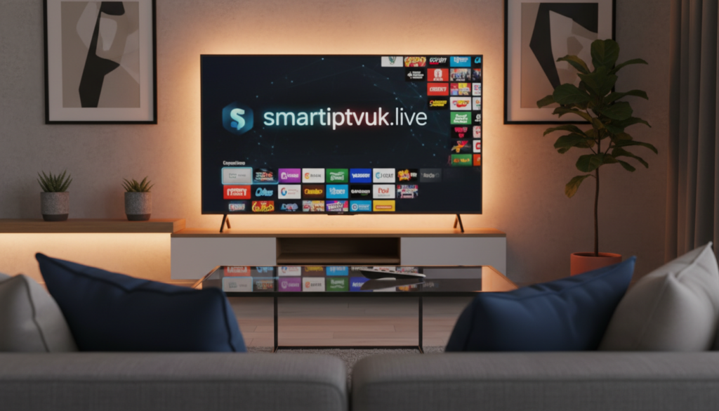A sleek, modern home entertainment setup featuring a high-definition TV displaying the logo "smartiptvuk.live". In the foreground, a stylish remote control rests on a glass table, accompanied by a comfortable couch adorned with soft cushions. In the middle ground, a warm ambiance is created by ambient lighting, with a subtle glow reflecting off the television screen, showcasing a vibrant streaming interface filled with a variety of channel icons. In the background, contemporary decor including framed art and plants adds a touch of sophistication. The atmosphere is inviting and relaxed, evoking a sense of seamless streaming and advanced technology. The focus should be sharp, with a slight depth of field effect to emphasize the TV and remote in the foreground. A sleek, modern home entertainment setup featuring a high-definition TV displaying the logo "smartiptvuk.live". In the foreground, a stylish remote control rests on a glass table, accompanied by a comfortable couch adorned with soft cushions. In the middle ground, a warm ambiance is created by ambient lighting, with a subtle glow reflecting off the television screen, showcasing a vibrant streaming interface filled with a variety of channel icons. In the background, contemporary decor including framed art and plants adds a touch of sophistication. The atmosphere is inviting and relaxed, evoking a sense of seamless streaming and advanced technology. The focus should be sharp, with a slight depth of field effect to emphasize the TV and remote in the foreground.